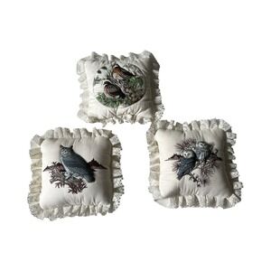 Vintage Bird Owl Quail Decorative Throw Pillows Lace Trim Set of 3 Cottagecore